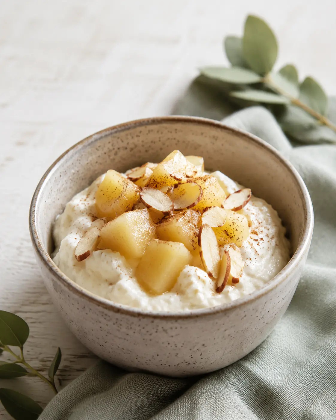 Bol de fromage blanc garni de dés de pomme fondante, d'amandes effilées et de cannelle