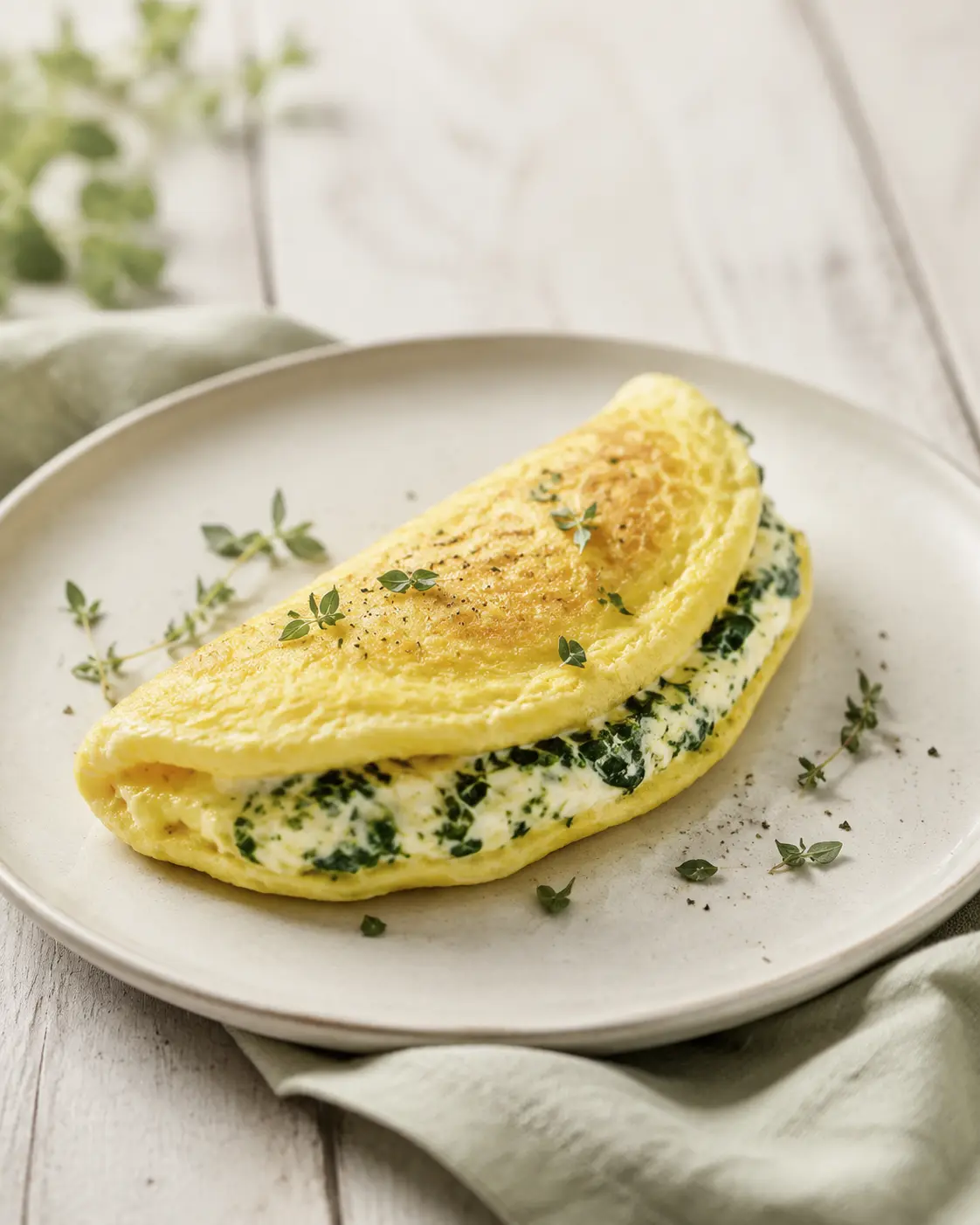 Omelette fine pliée, garnie d'herbes fraîches et de fromage frais, dans une assiette claire